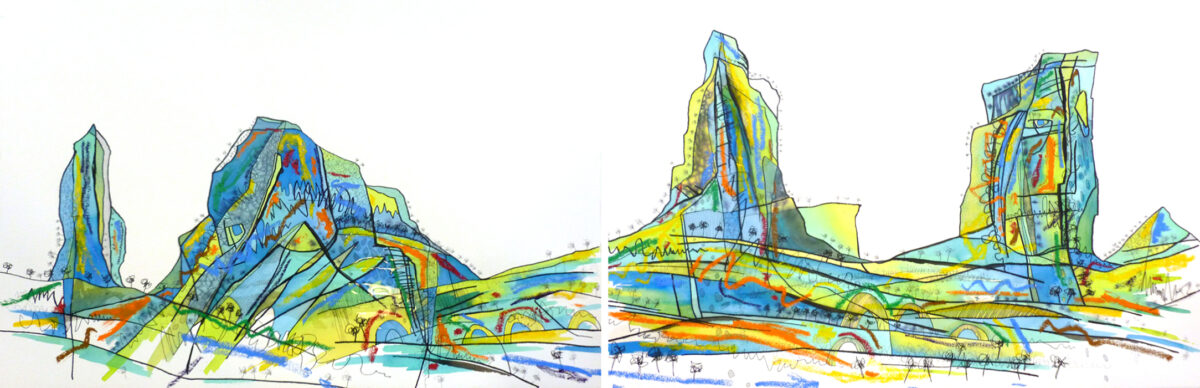 REBECCA PIERCE - ROCK THE CRADLE 1 and 2, Ink, Pens, Oil Stick and Acrylic on Aquarelle Arches 102 x 153 cm